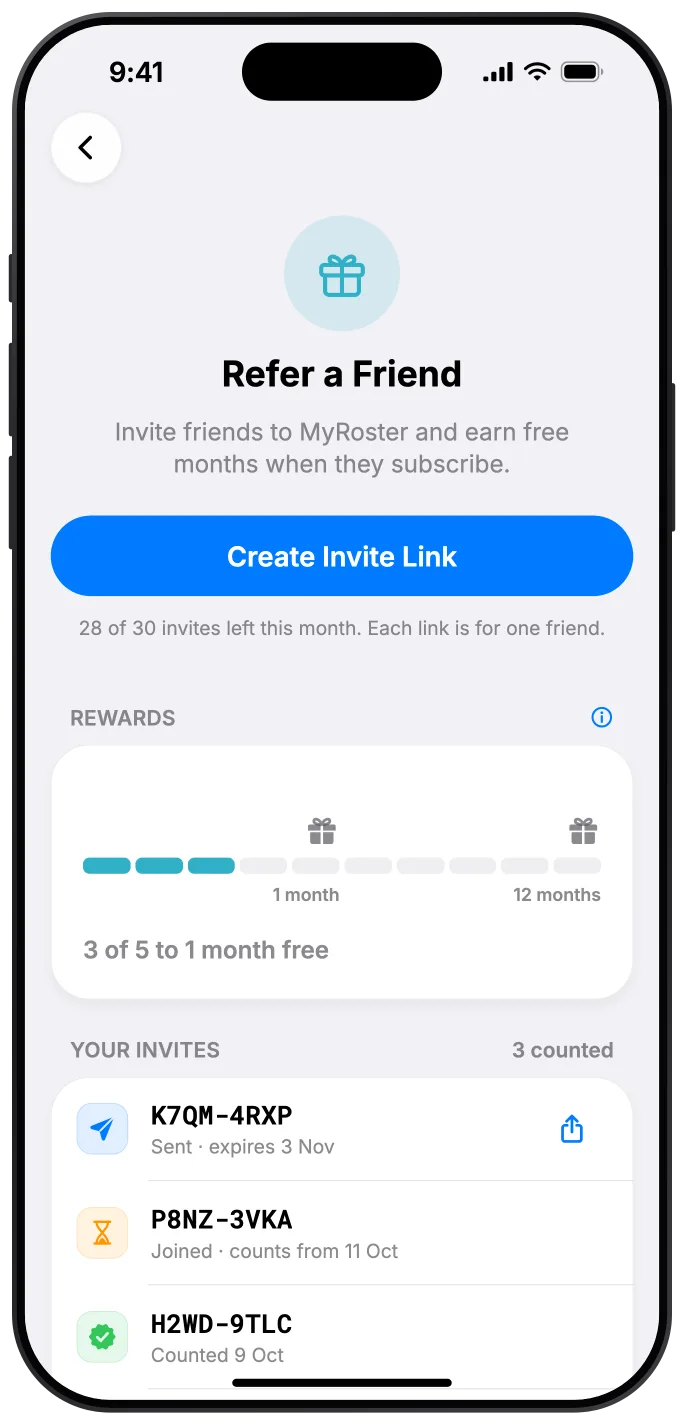 The Refer a Friend screen in MyRoster: a Create Invite Link button, 28 of 30 invites left this month, a rewards progress bar at 3 of 5 to 1 month free, and invites marked Sent, Joined and Counted.