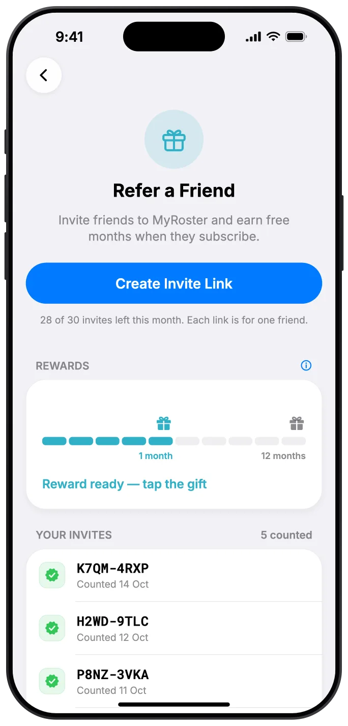 The Refer a Friend progress bar filled to 5 friends, with the gift above it lit up and the caption Reward ready — tap the gift.