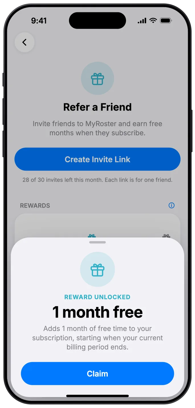 The Reward unlocked sheet in MyRoster: 1 month free, which adds 1 month of free time to your subscription starting when your current billing period ends, with a Claim button.