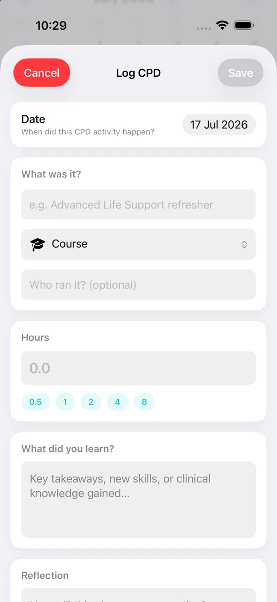 Logging a CPD activity in MyRoster, with fields for date, activity type, hours and reflection