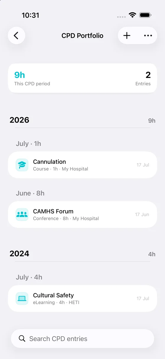 CPD portfolio in MyRoster, listing activities grouped by year and month
