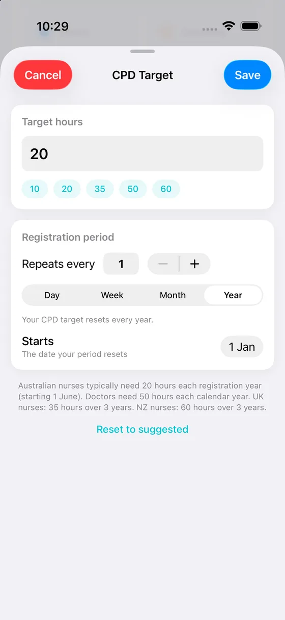 Setting a CPD target of 20 hours per year in MyRoster, with a registration period start date