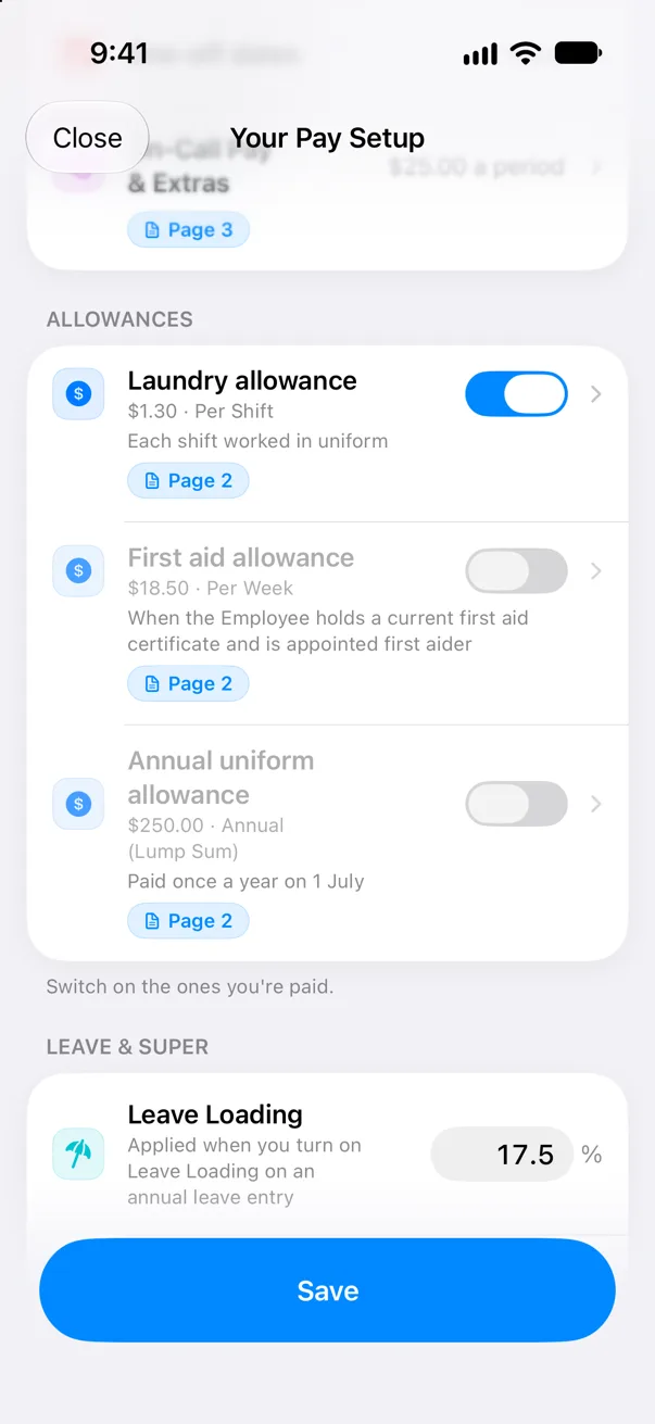 The Allowances section with the Laundry allowance switched on and the First aid and Annual uniform allowances off.