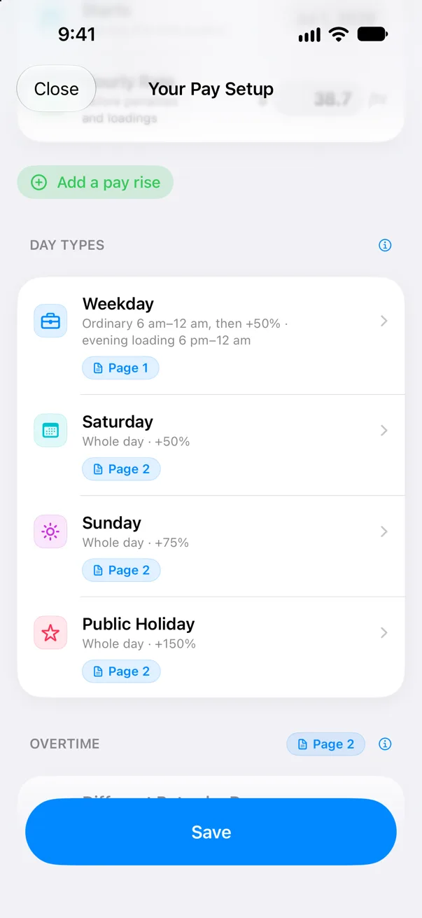 The Day Types section listing Weekday, Saturday, Sunday and Public Holiday, each with a summary and a page number.