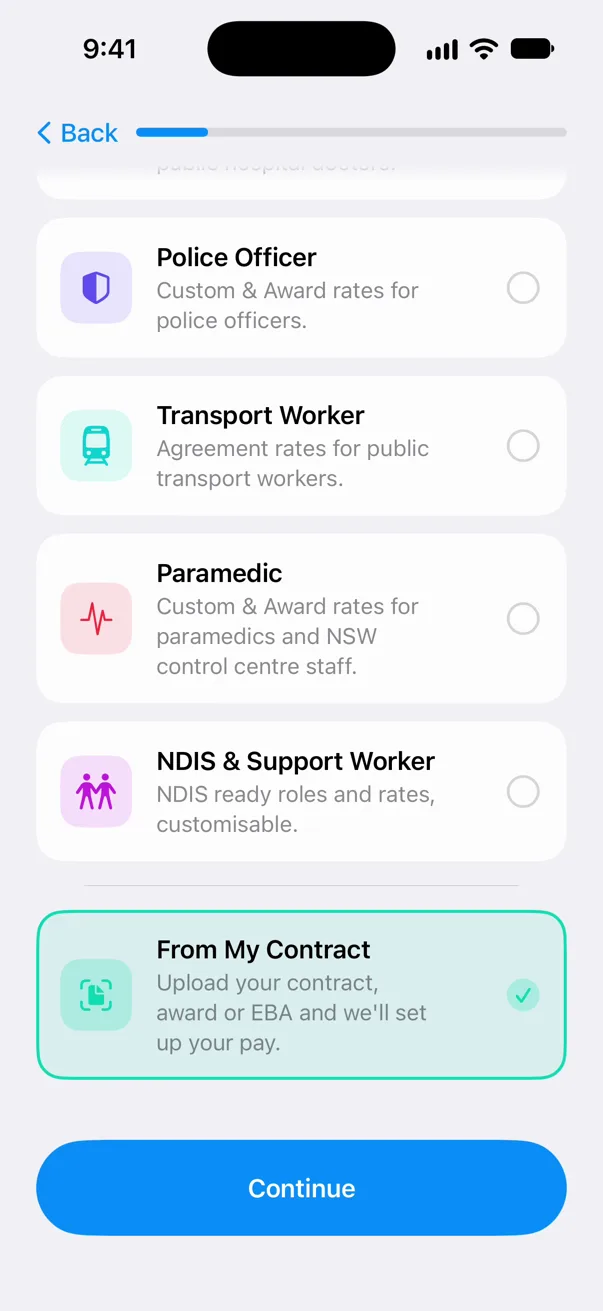 The What do you do? setup page scrolled to the From My Contract card, below a line under the job types, ticked.