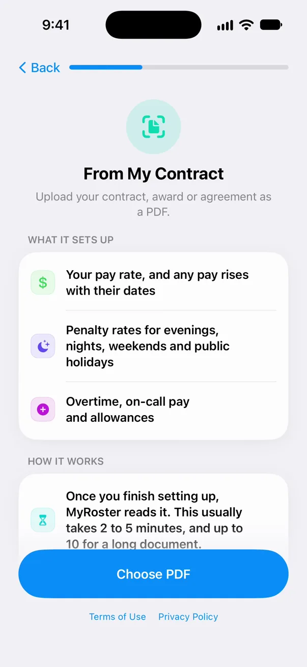 The From My Contract page explaining what MyRoster sets up from a document and how it works, with a Choose PDF button.