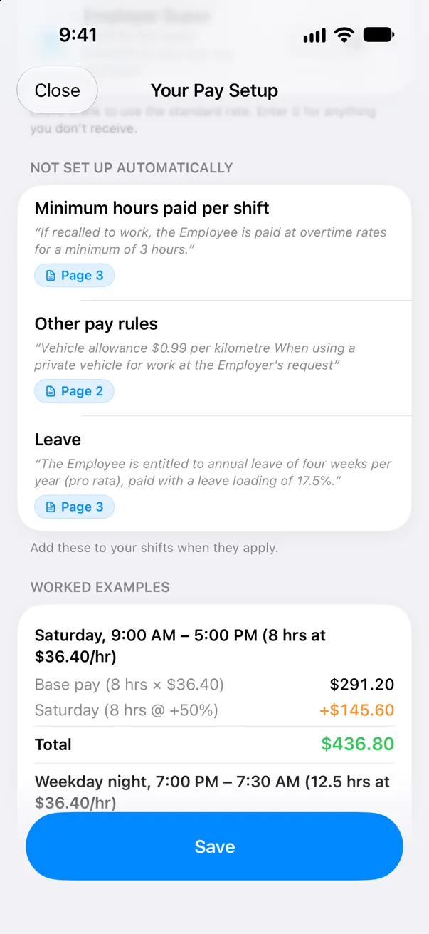 The Not Set Up Automatically section quoting the rules MyRoster couldn't set up, each with a page number.