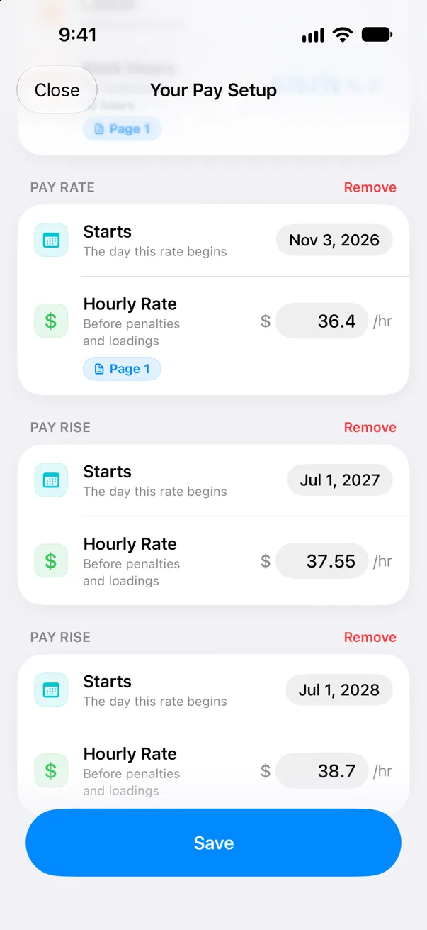 The Pay Rate card starting 3 November 2026 and two Pay Rise cards starting 1 July 2027 and 1 July 2028.