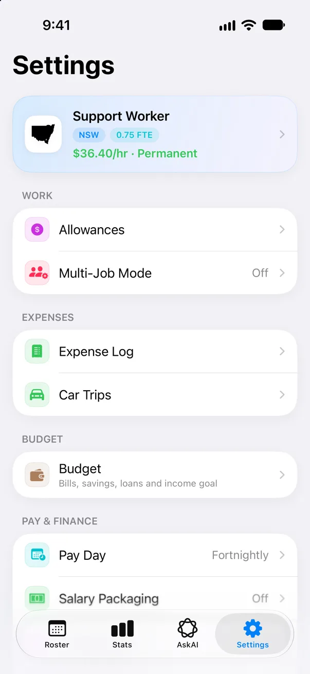 Settings after saving, with the job card showing Support Worker, NSW, 0.75 FTE and the hourly rate.