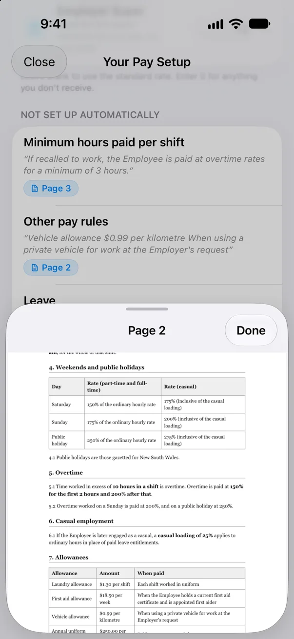 Page 2 of the contract open over the review screen, with a Done button, after tapping a page number.