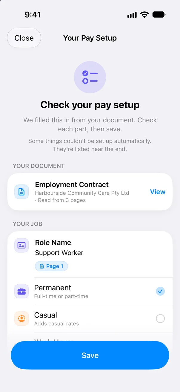 The top of the Your Pay Setup screen: Check your pay setup, the document it was read from, and the role name.
