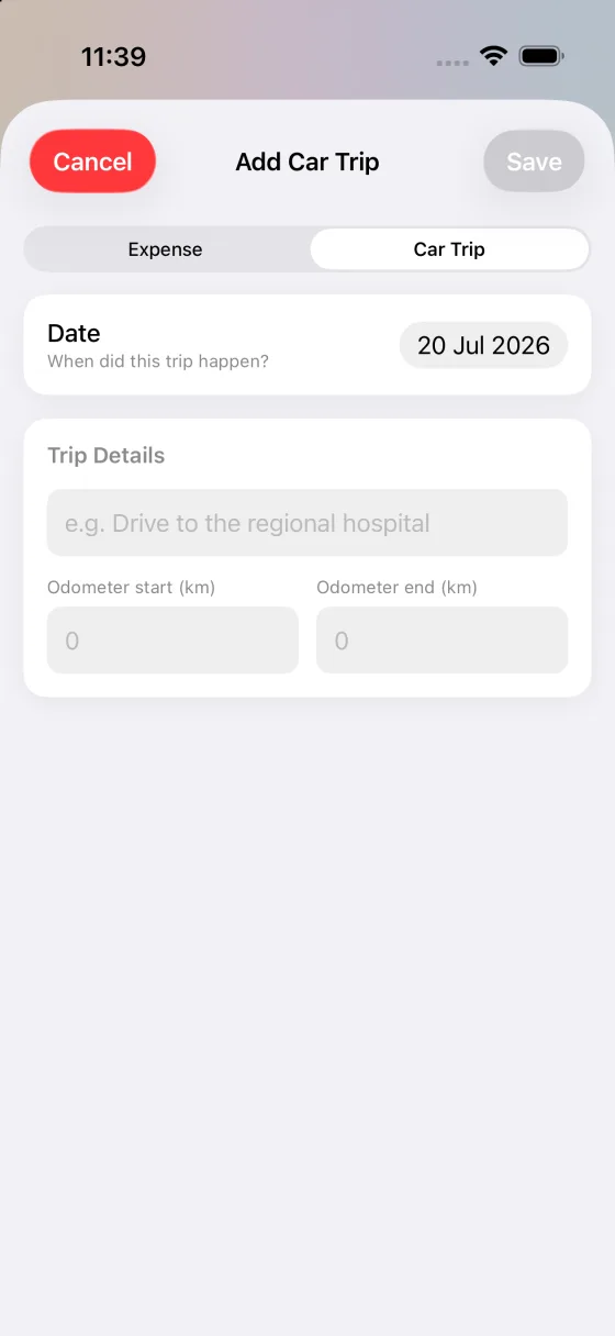 Logging a work car trip in MyRoster with trip details and odometer start and end readings