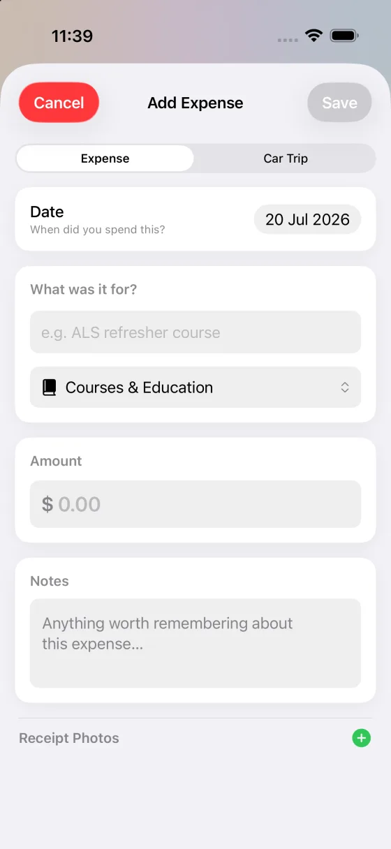 Adding a work expense in MyRoster, with fields for date, description, category, amount, notes and receipt photos