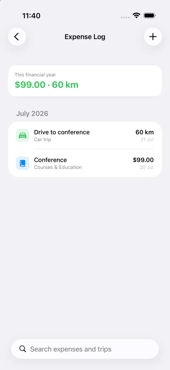 The MyRoster expense log showing financial year totals and expenses and car trips grouped by month
