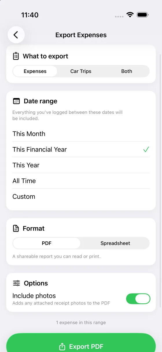 MyRoster export screen with options for what to export, the date range, PDF or spreadsheet format and including receipt photos