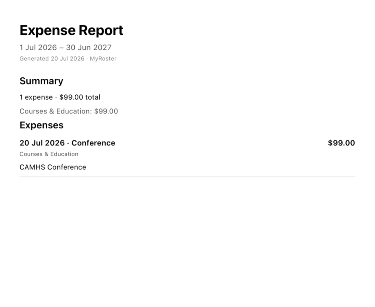 An exported MyRoster expense report PDF showing the financial year summary and itemised expenses