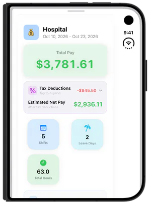 Pay Day summary with total pay, tax deductions and estimated net pay on iPhone Duo.