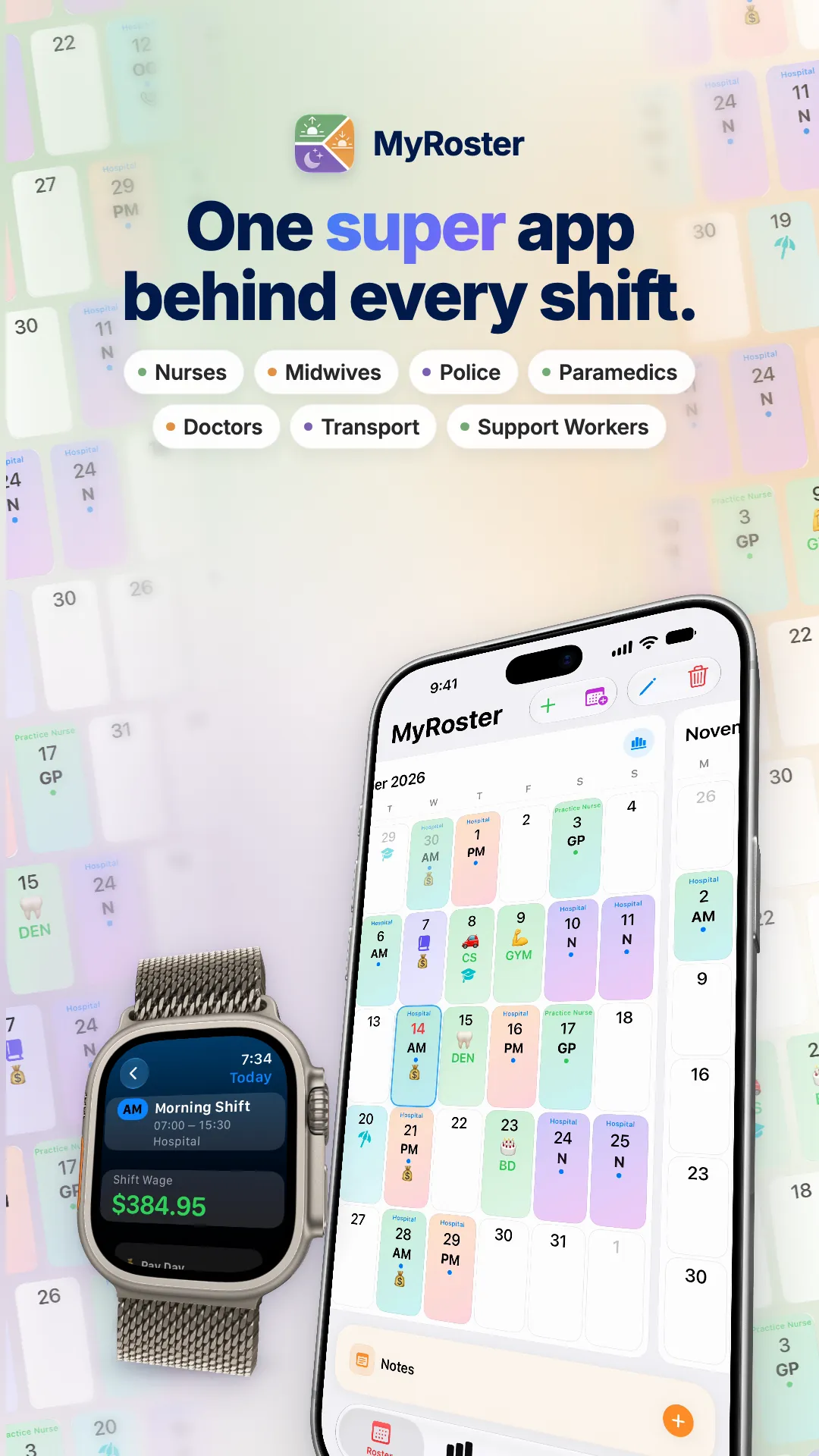 The opening frame of the MyRoster film: One super app behind every shift.