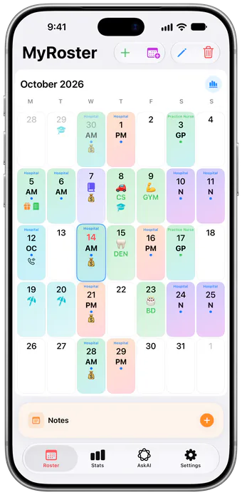 The MyRoster Roster tab showing October with shifts, leave, events and on-call days in coloured day boxes.