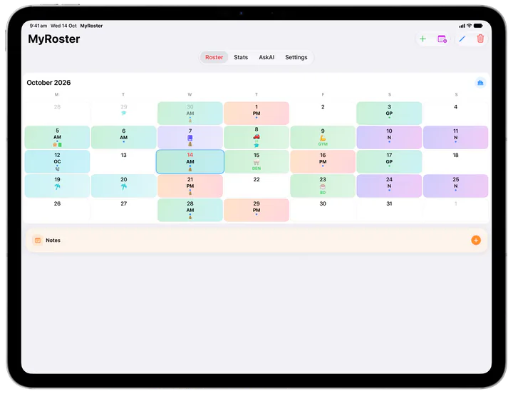 MyRoster on iPad in landscape: the October roster with shifts, leave and events.