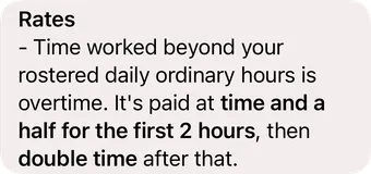 AskAI's answer: overtime is paid at time and a half for the first 2 hours, then double time.