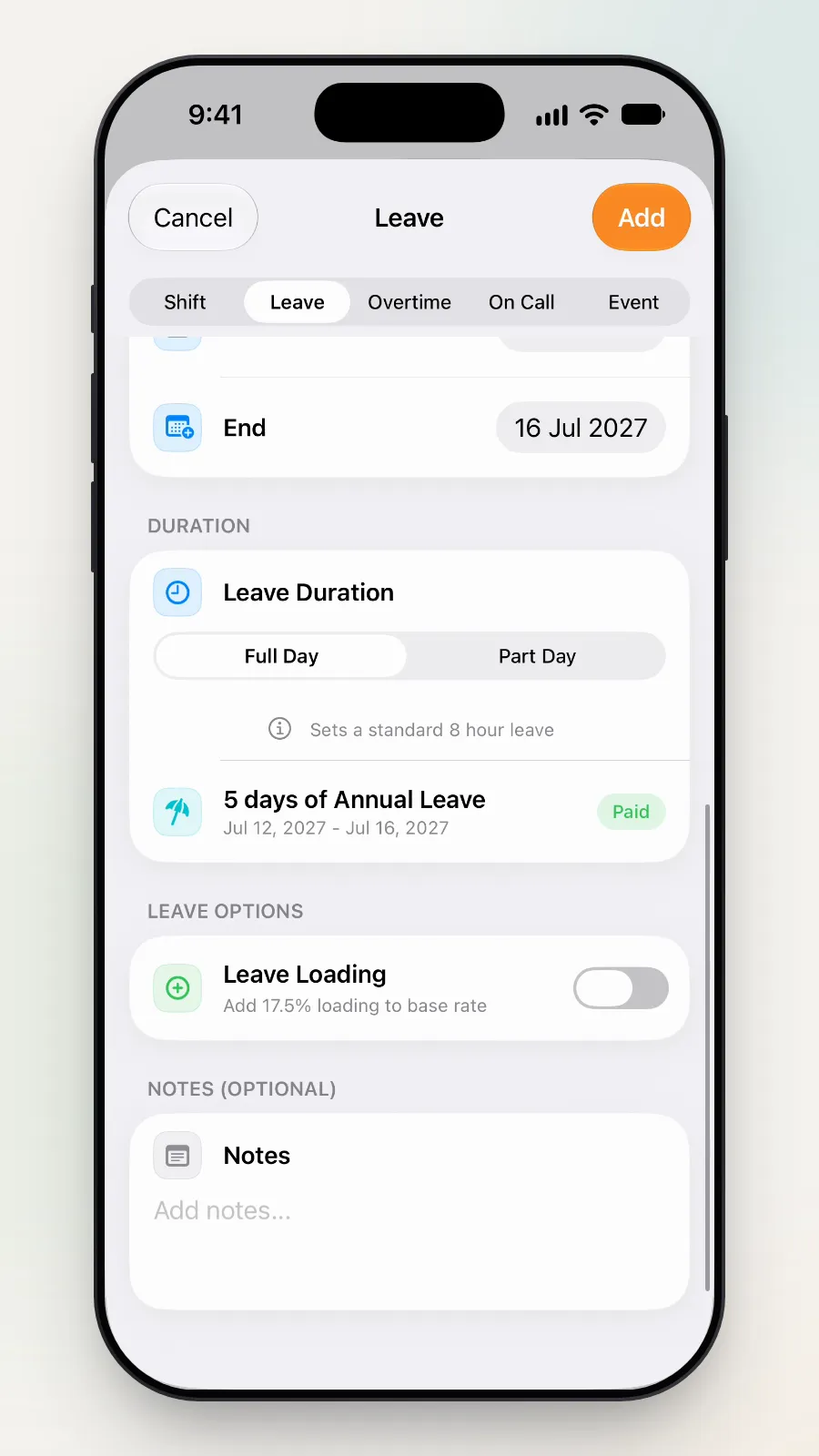 Leave Options with the Leave Loading switch off, and Notes below.