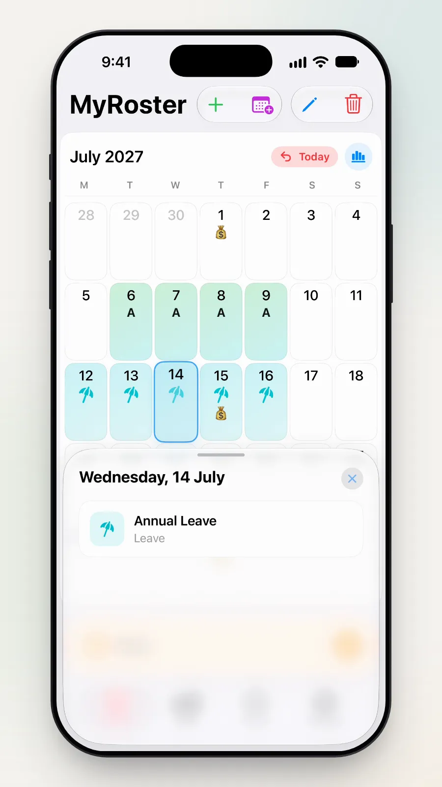 The small box for Wednesday 14 July: Annual Leave, Leave.