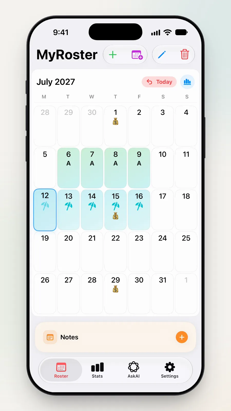 The roster with an umbrella on every day from Monday 12 to Friday 16 July.