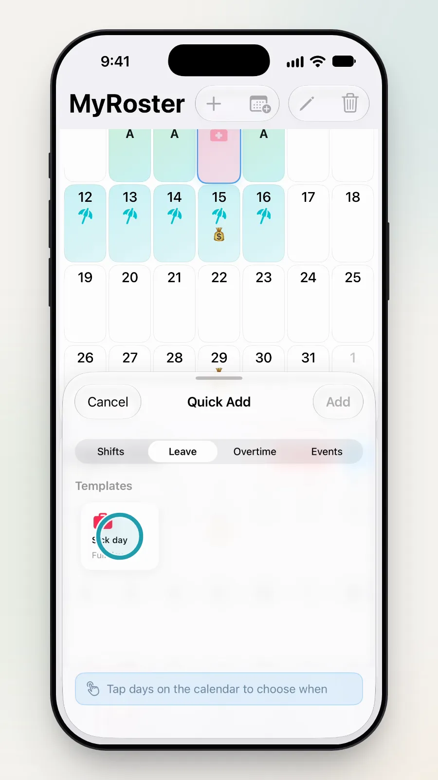 The Sick day template tile, Full day, being tapped.