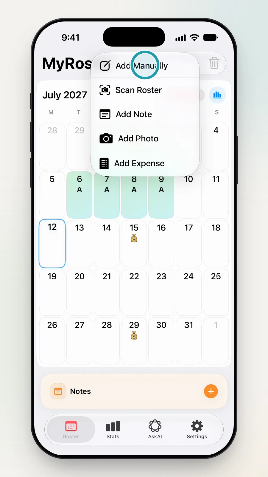 The add menu with Add Manually being tapped.