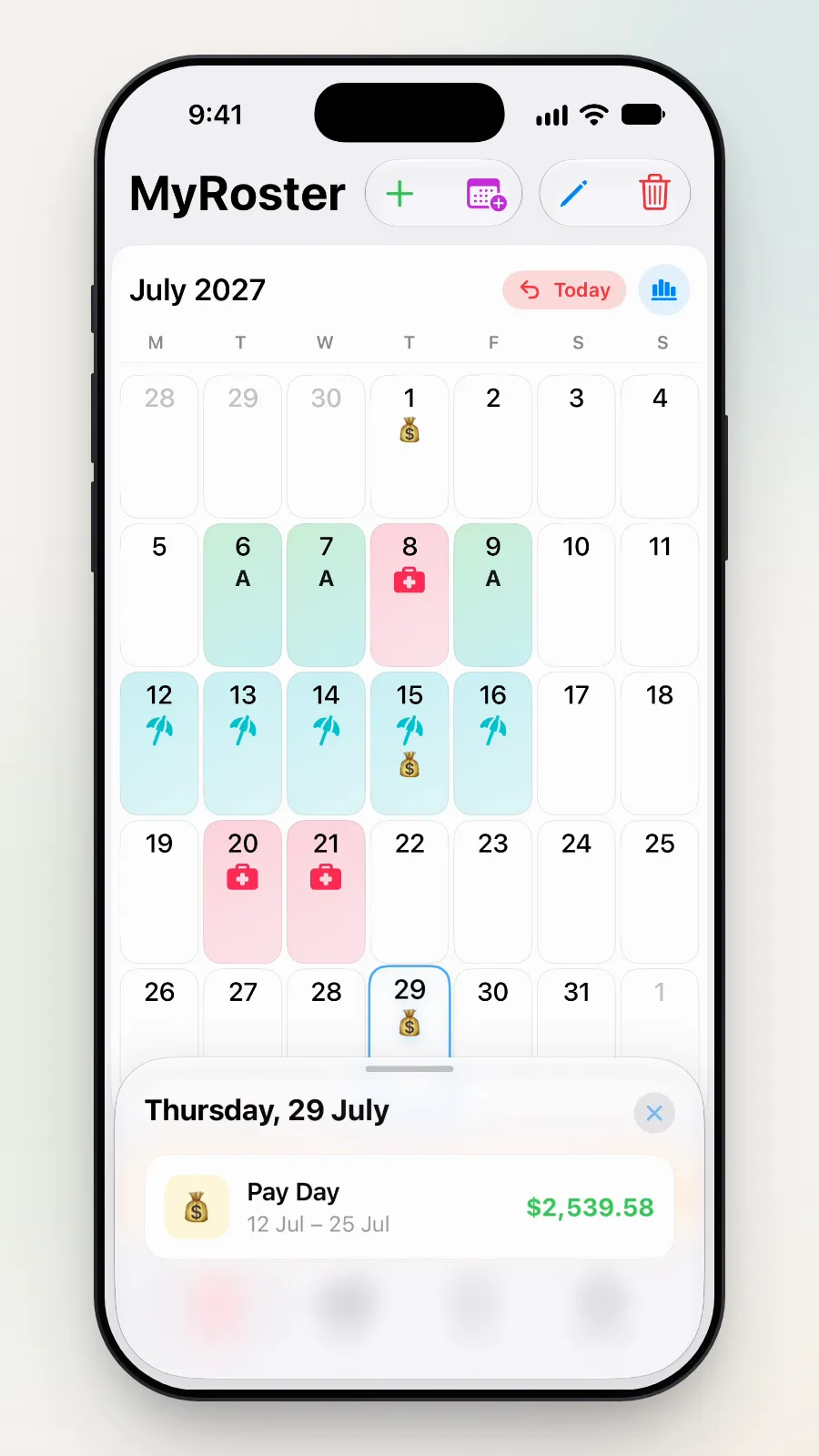 The small box for Thursday 29 July: Pay Day, 12 Jul to 25 Jul.