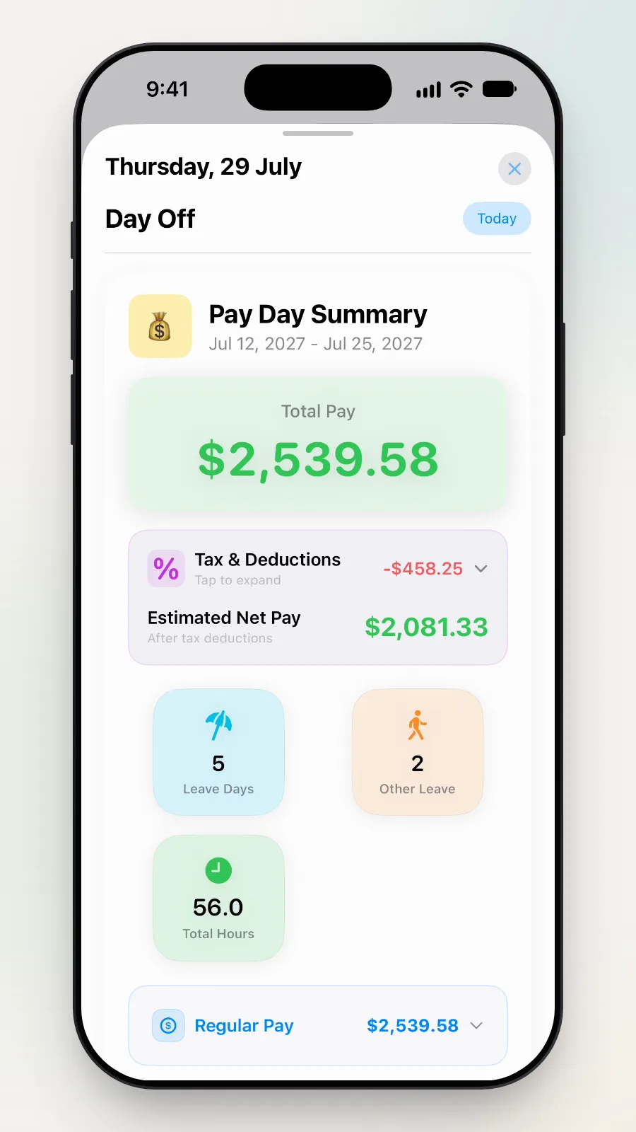 The Pay Day Summary for 12 to 25 July 2027: 5 Leave Days, 2 Other Leave, 56.0 Total Hours.