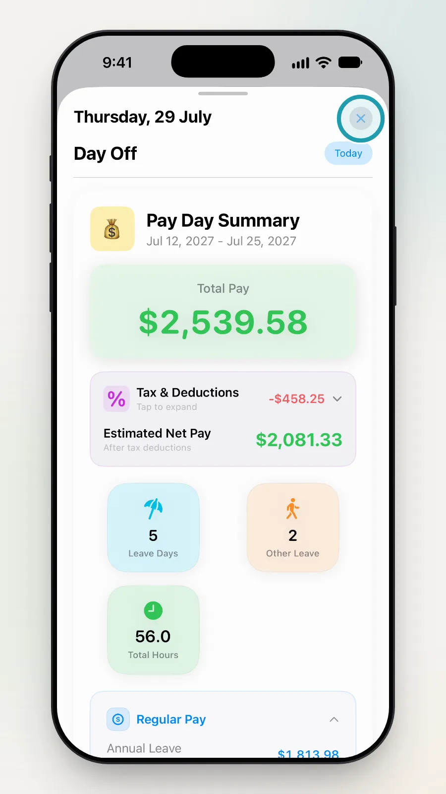 The X at the top right of the pay day box being tapped.