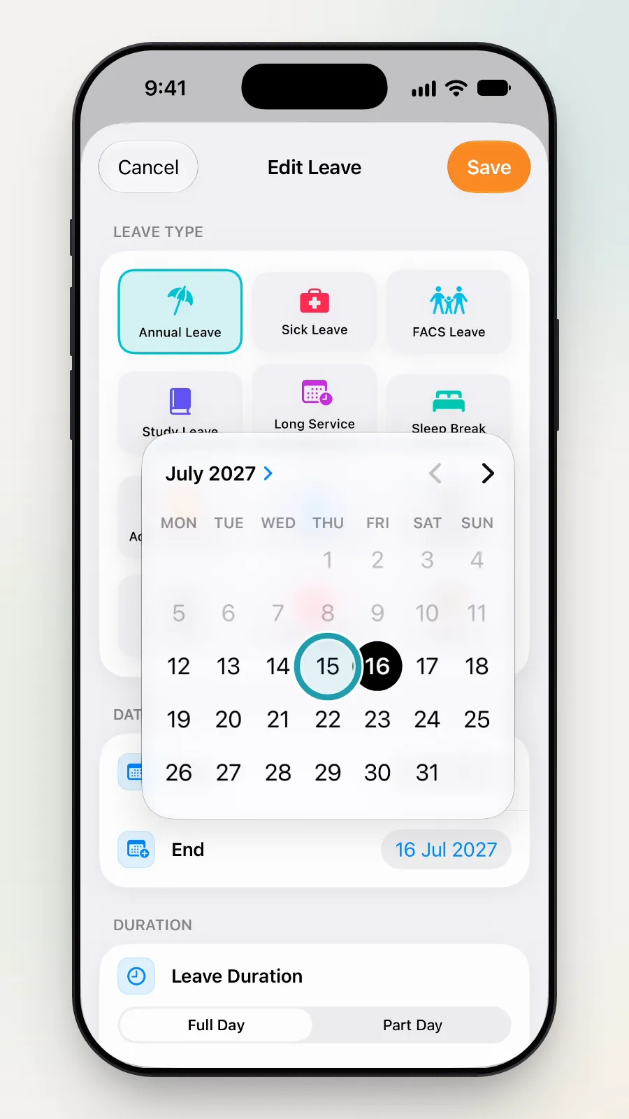 A calendar with Thursday 15 July being tapped.