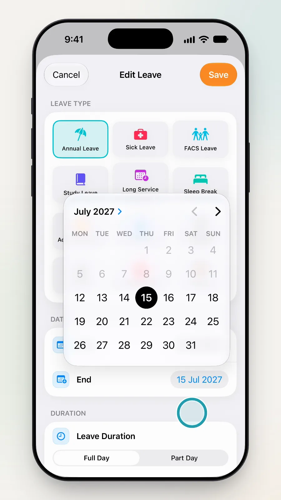 A tap outside the calendar to close it.