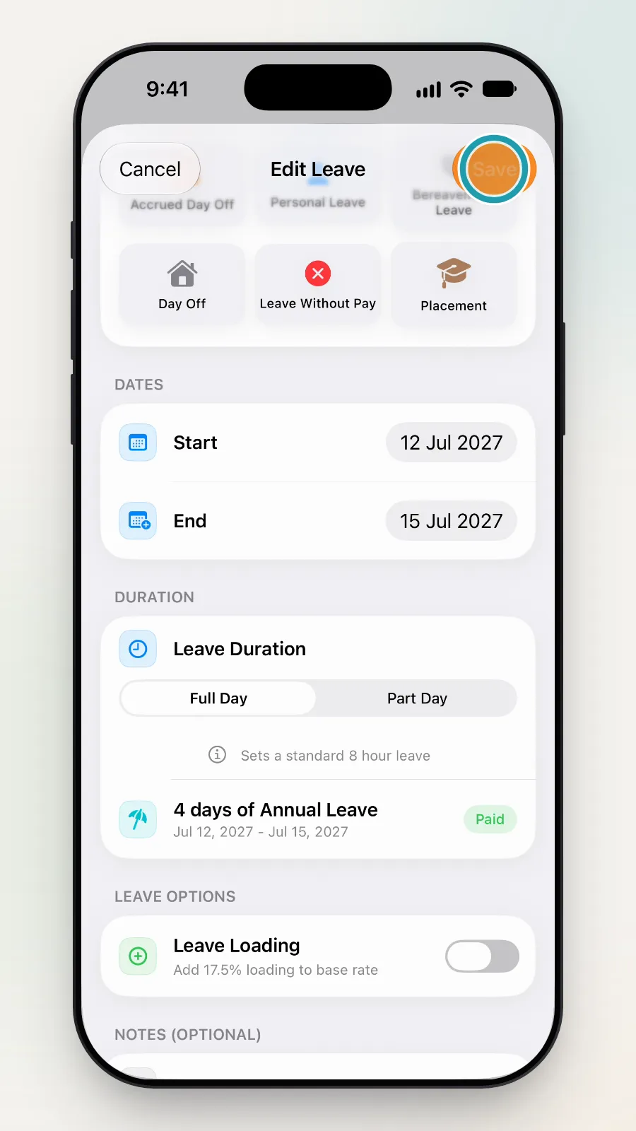 Save at the top right of Edit Leave being tapped.