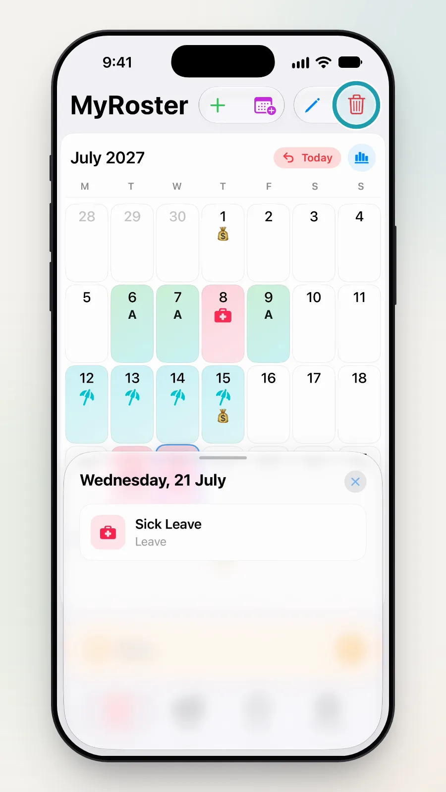 The trash button at the top being tapped, with the box for Wednesday 21 July: Sick Leave.