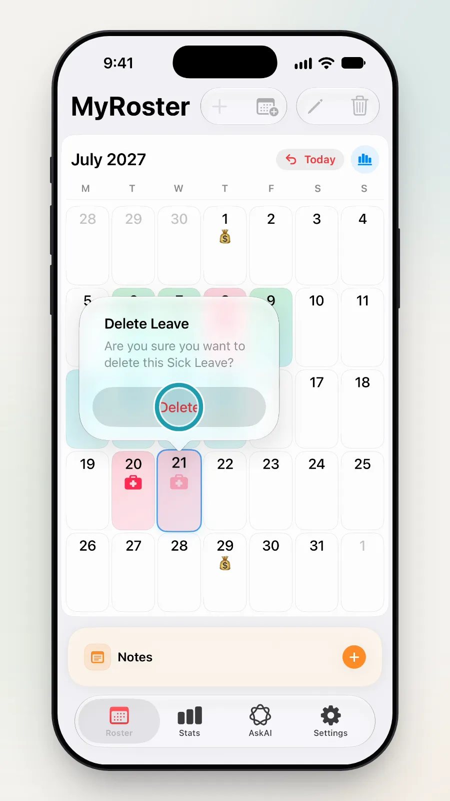 The Delete Leave box: Are you sure you want to delete this Sick Leave? Delete being tapped.