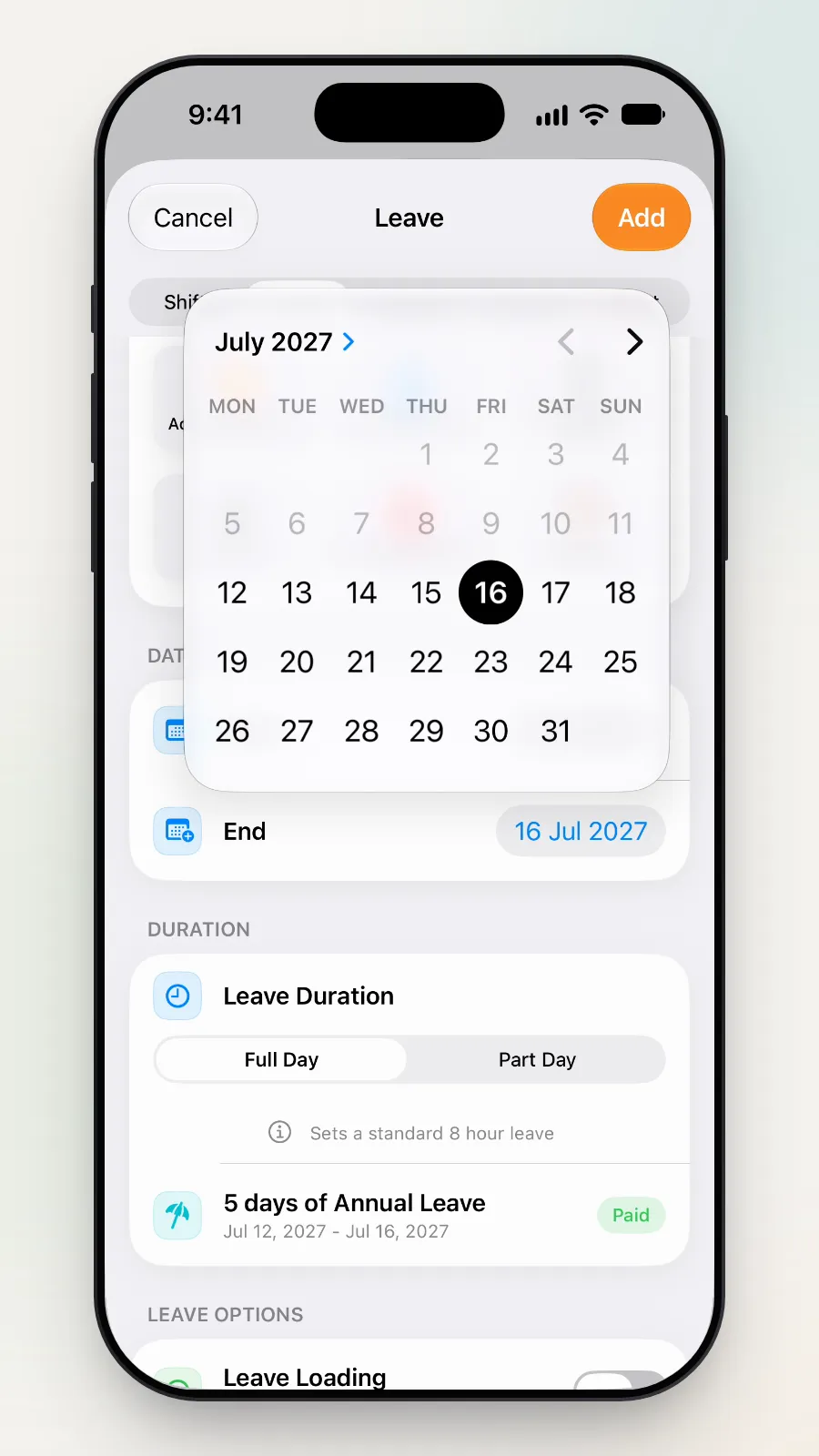 A July 2027 calendar with Friday 16 picked.