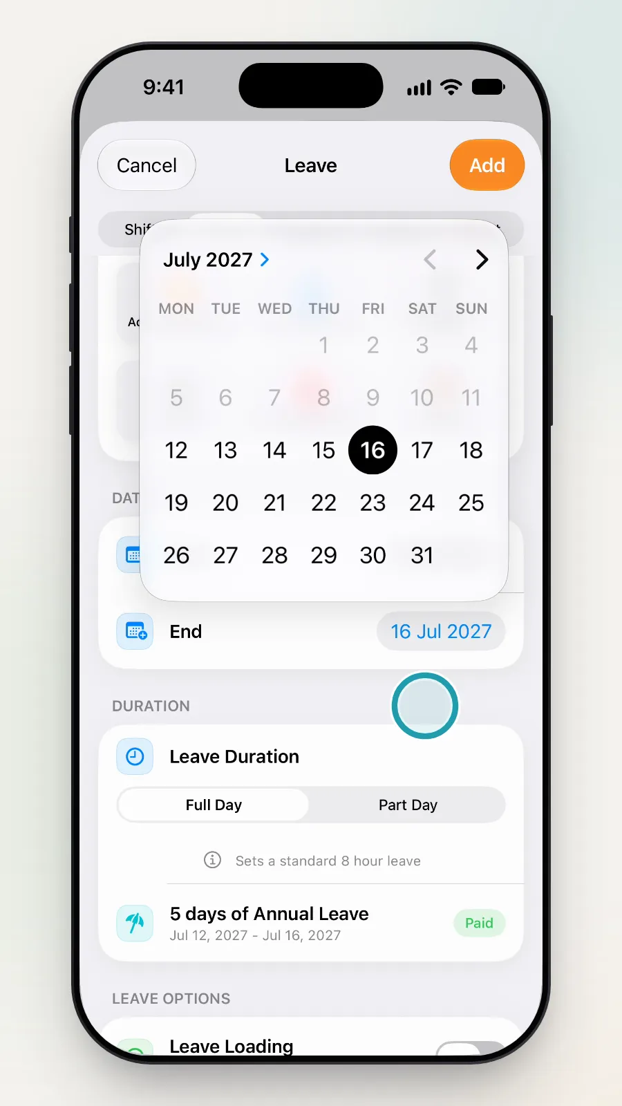 A tap outside the calendar to close it. End now reads 16 Jul 2027.