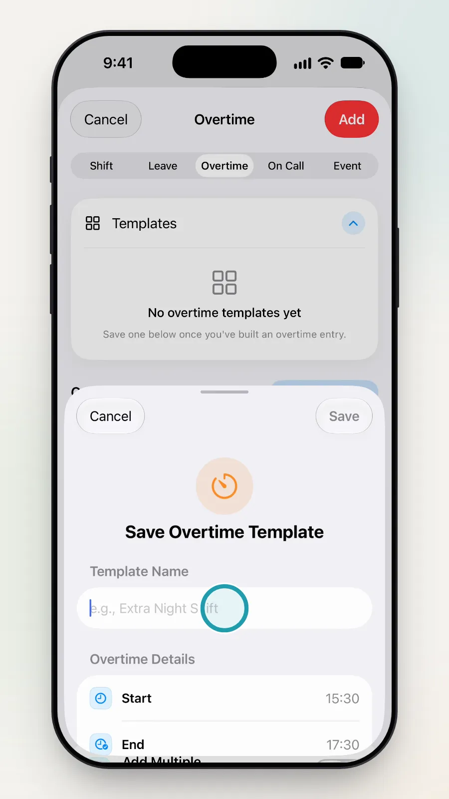 The Save Overtime Template box with the Template Name box being tapped.