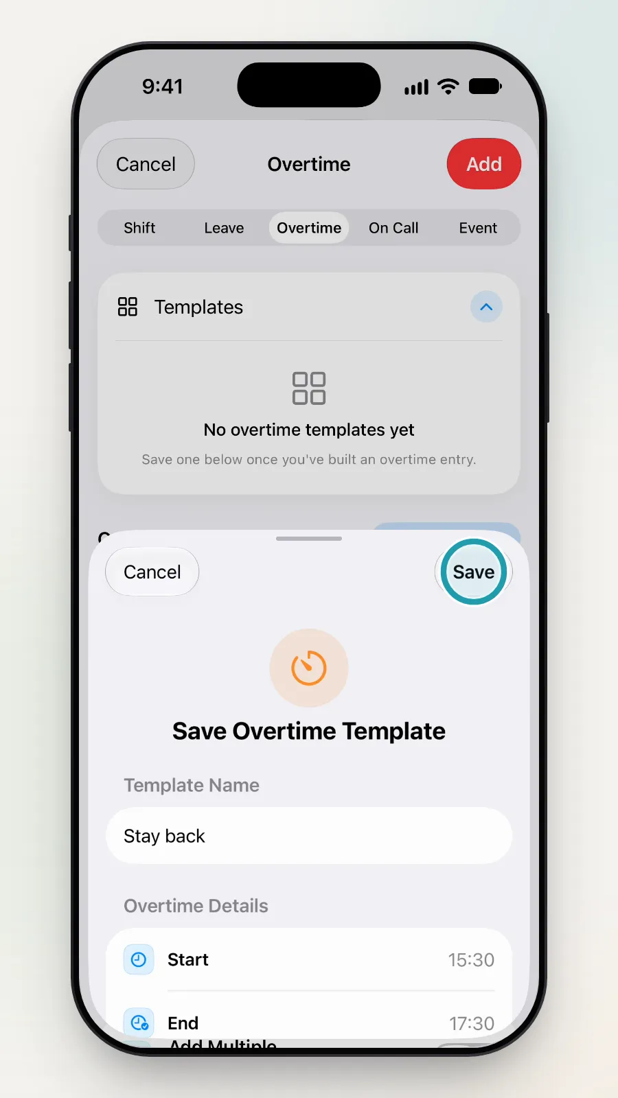 Save at the top right of the Save Overtime Template box being tapped.