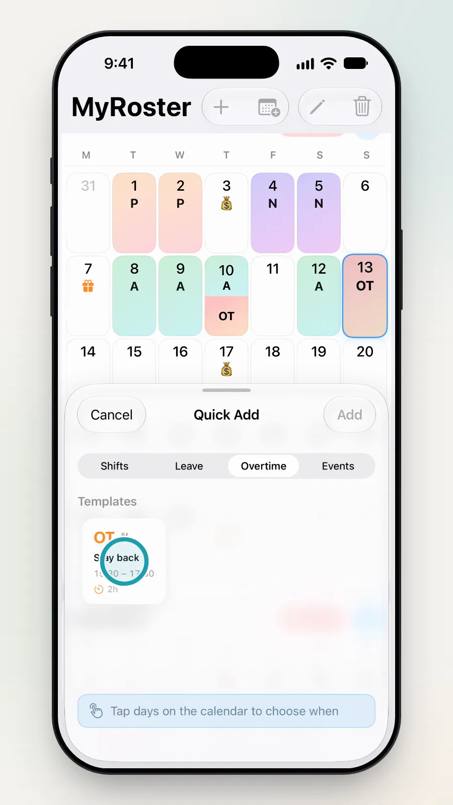 The Stay back template tile being tapped.