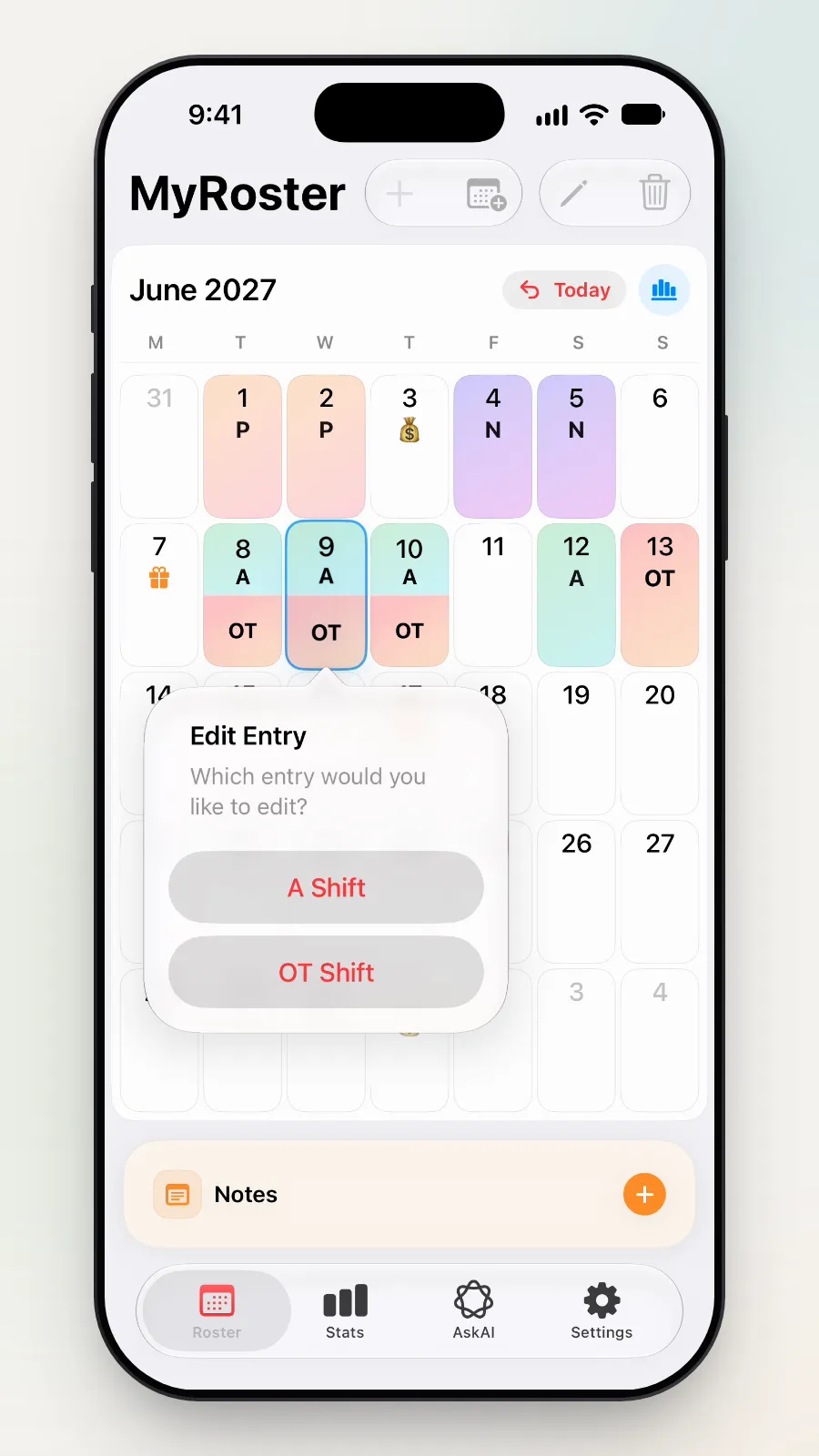 The Edit Entry box asking which entry to edit: A Shift or OT Shift.