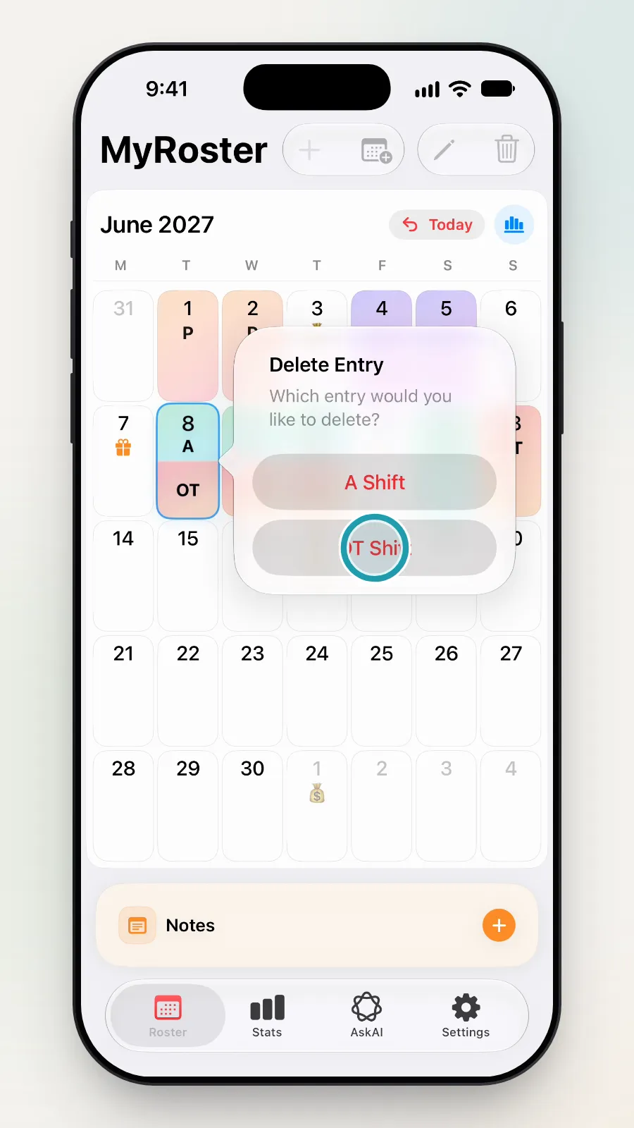 The Delete Entry box asking which entry to delete, with OT Shift being tapped.