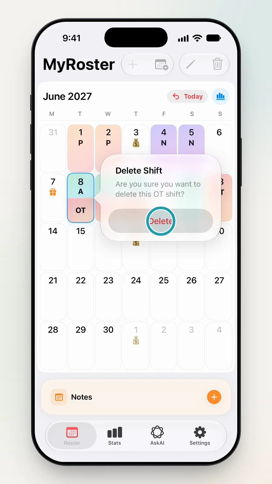 The confirmation box: Are you sure you want to delete this OT shift? Delete being tapped.