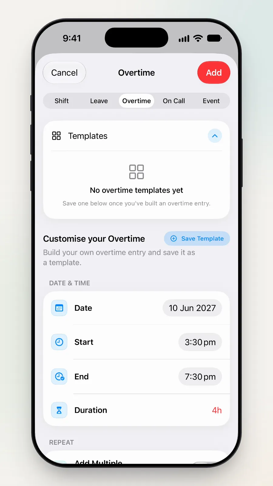 The Overtime form: Templates at the top, then Date, Start and End.
