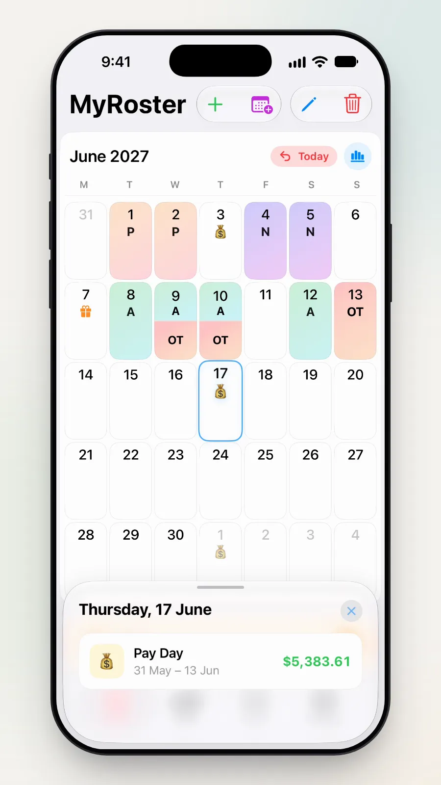 The small box for Thursday 17 June: Pay Day, 31 May to 13 June, $5,383.61.