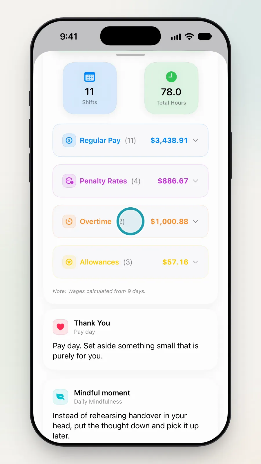 The Pay Day Summary with Overtime being tapped.