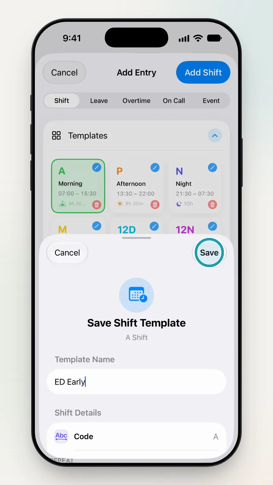 The template named ED Early, with the Save button at the top right being tapped.